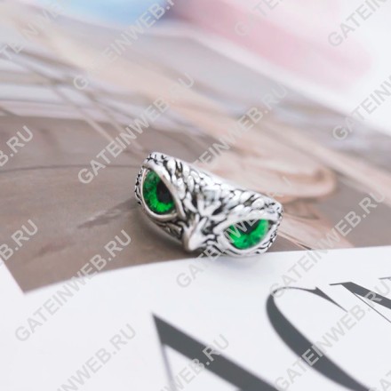 Обручальное кольцо в виде совы зеленые глаза с изм. размером