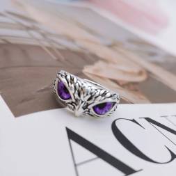 Обручальное кольцо в виде совы фиолетовые глаза с изм. размером